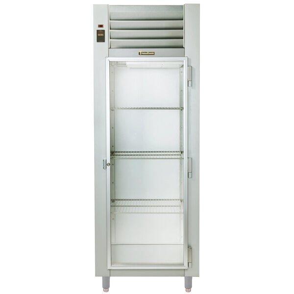 A white Traulsen Specification Line reach-in refrigerator with a glass door.