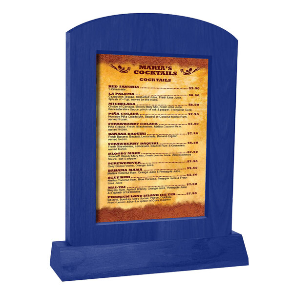 A Menu Solutions arched wood menu tent with a blue background on a table.