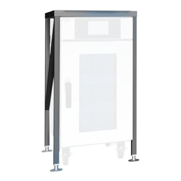 A white rectangular metal cabinet with black metal legs.