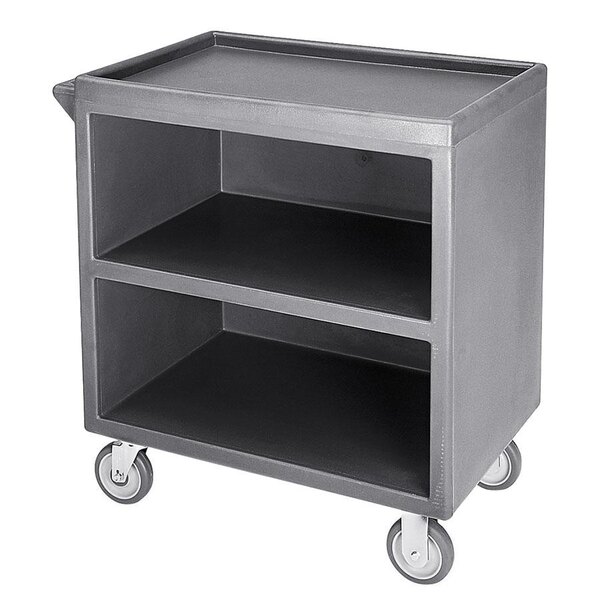 A gray Cambro utility cart with three shelves and enclosed sides on wheels.