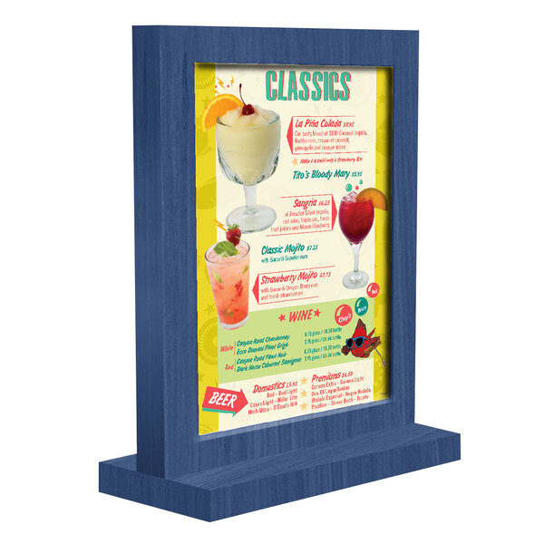 A white framed blue wood menu tent with a drink menu displayed.