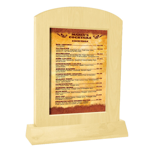 A Menu Solutions natural wood arched menu tent with angled base holding a menu on a table.