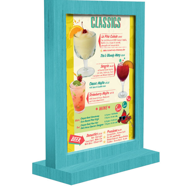 A Sky blue wood menu tent on a table with a drink sign.