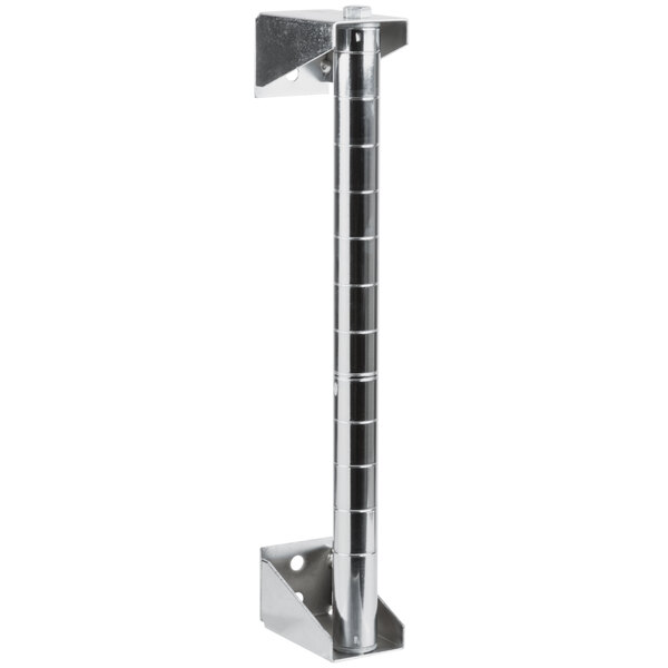 A silver Metro Super Erecta post with brackets on a metal shelf.