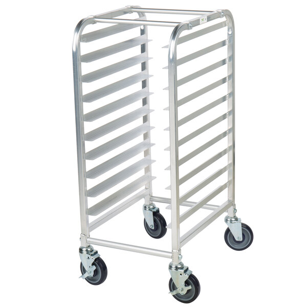 A metal tray cart with wheels.