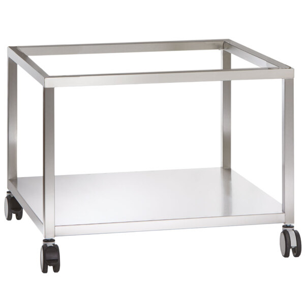 A stainless steel mobile stand with wheels for an Alto-Shaam combi oven.