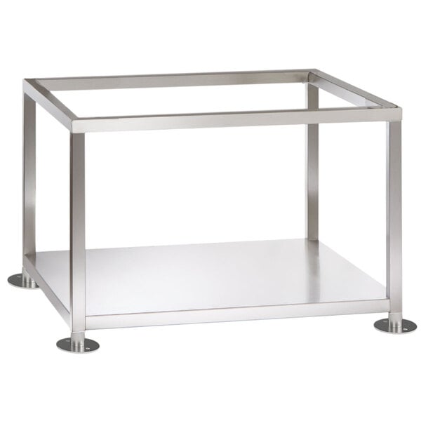 A stainless steel metal stand for an Alto-Shaam combi oven with a shelf.