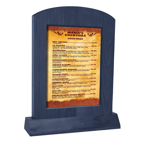 A Menu Solutions wooden arched menu tent on a table.