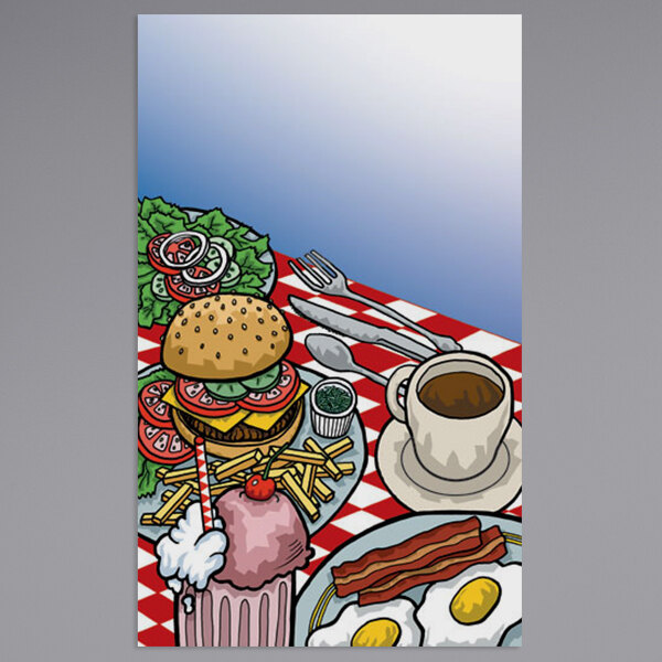 A white menu paper with a diner theme cover featuring a close up of a burger, bacon and eggs on a plate, and a cartoon of a coffee cup.