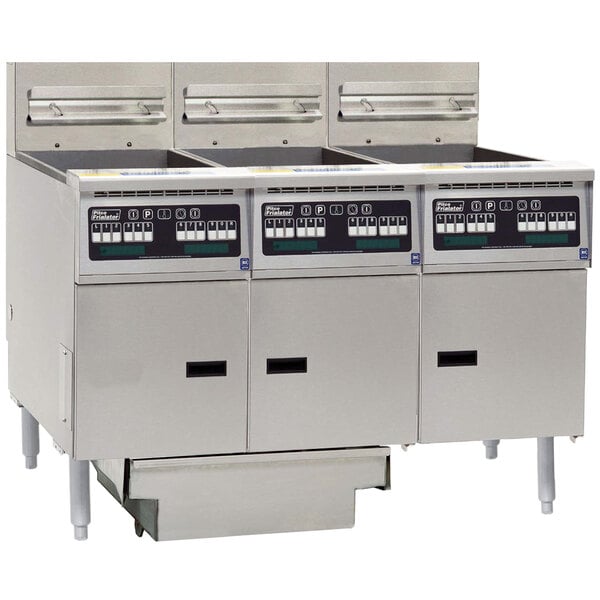 A large Pitco gas fryer system with three baskets.