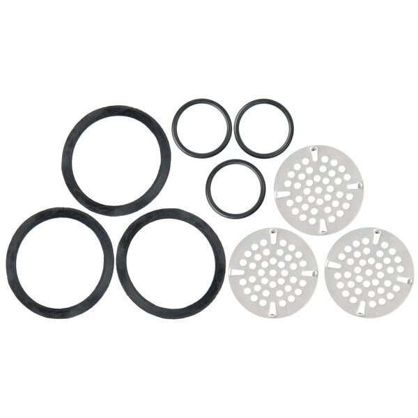 A group of round black and silver gaskets.