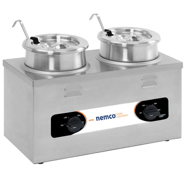 A silver Nemco countertop warmer with two round wells.