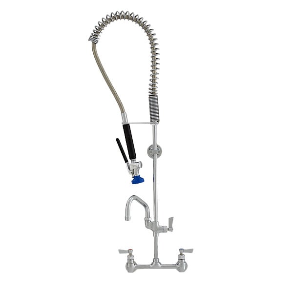 A Fisher stainless steel pre-rinse faucet with hose attachment.
