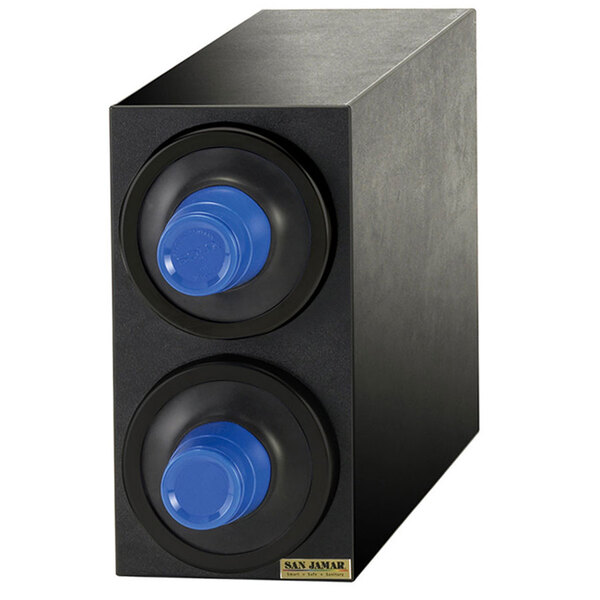 A black San Jamar countertop cup dispenser cabinet with blue trim rings.