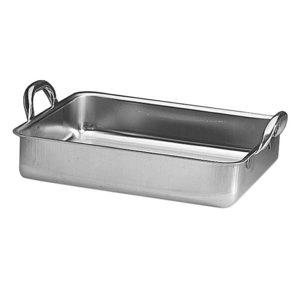 A silver Matfer Bourgeat stainless steel rectangular roasting pan with handles.
