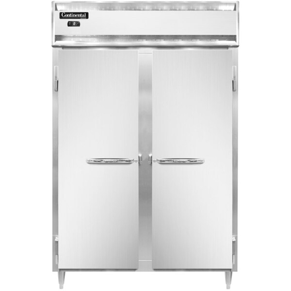 A white rectangular Continental DL2F reach-in freezer with two white doors and silver handles.