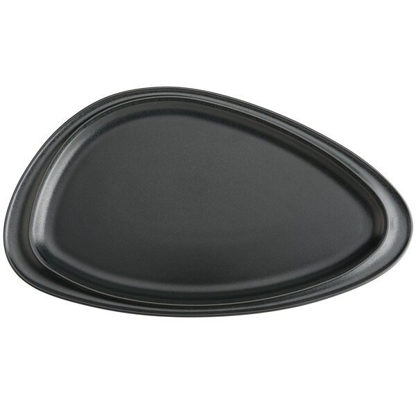 A black oval Hall China platter with a black rim.