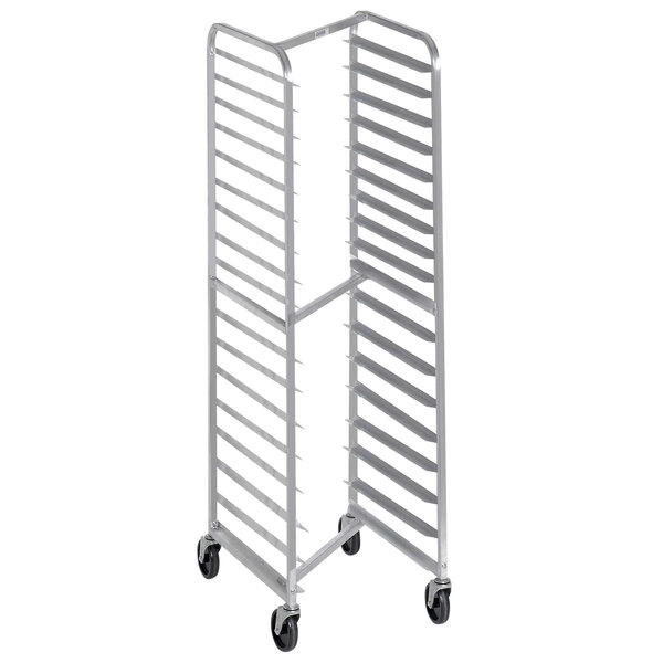 A Channel stainless steel sheet pan rack with wheels.