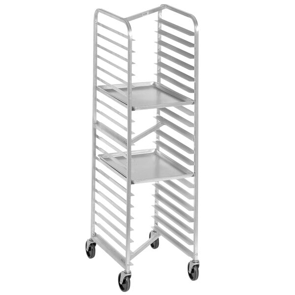 A Channel heavy-duty aluminum sheet pan rack with three shelves on wheels.
