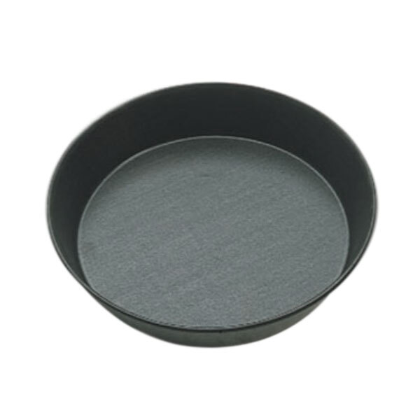 A black round Matfer Bourgeat non-stick aluminum cake pan with a round bottom.