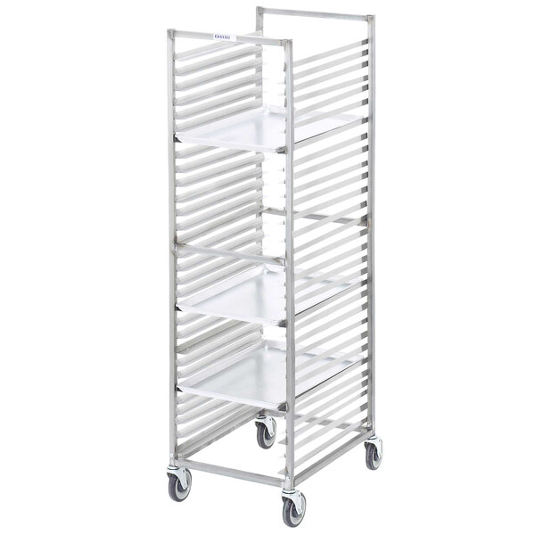 A stainless steel Channel sheet pan rack with four shelves on wheels.