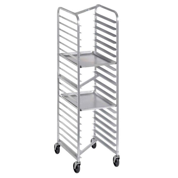 A Channel stainless steel sheet pan rack on wheels with shelves.