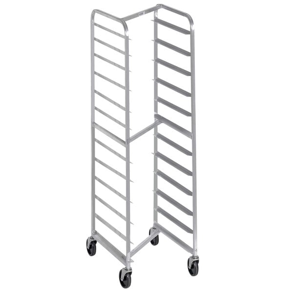 A Channel 403AN metal sheet pan rack with wheels.