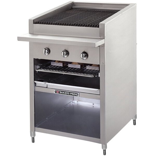 A stainless steel Bakers Pride charbroiler with a black grill and a shelf.