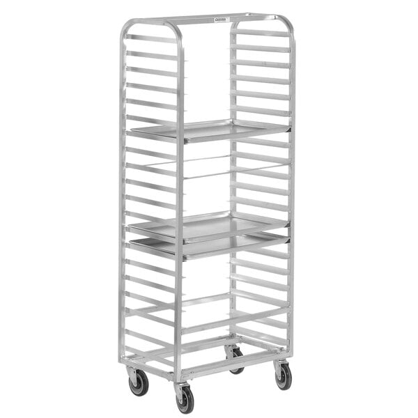 A stainless steel Channel sheet pan rack with three shelves on wheels.