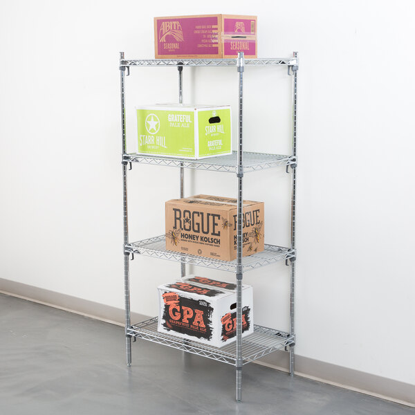 A Metro Super Erecta chrome wire shelving unit with white boxes on it.