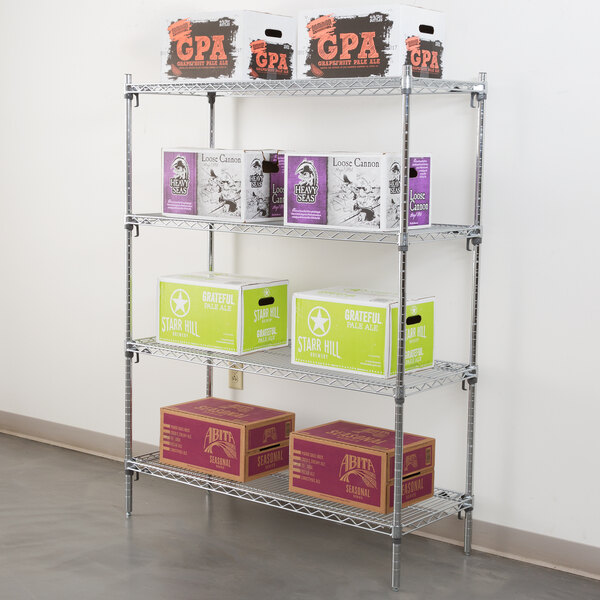 A Metro chrome wire shelving unit with boxes on top.