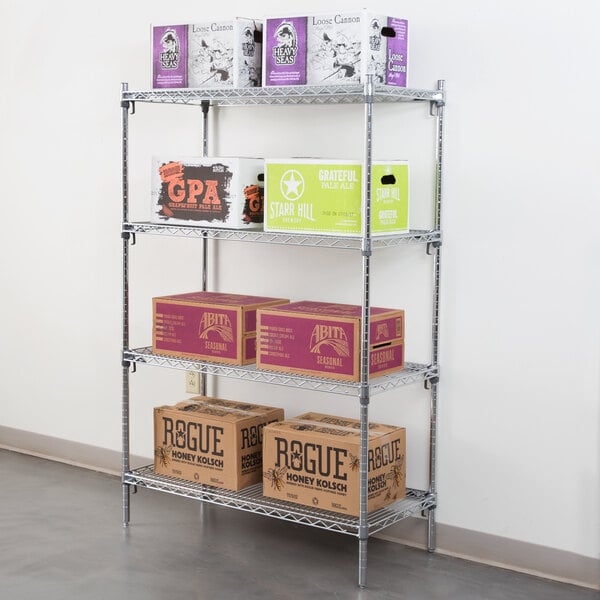A Metro chrome wire shelving unit with boxes on it.