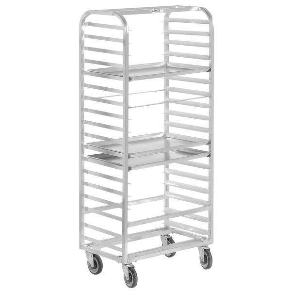 A white metal Channel bun pan rack with four shelves on wheels.