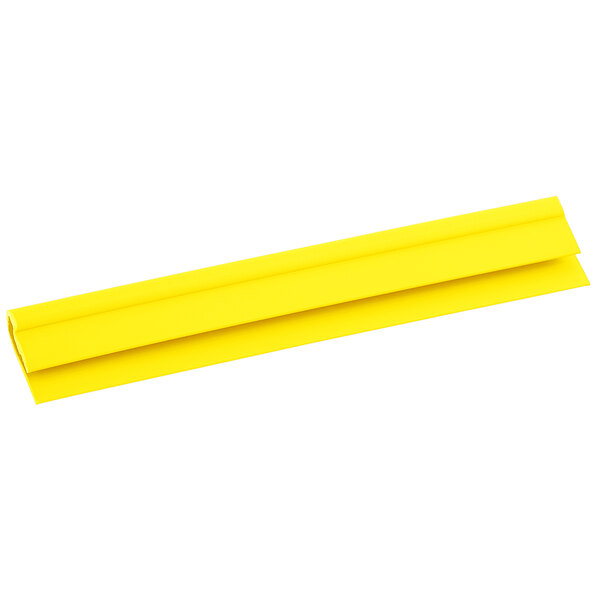 A yellow rectangular plastic strip with white text on a white background.