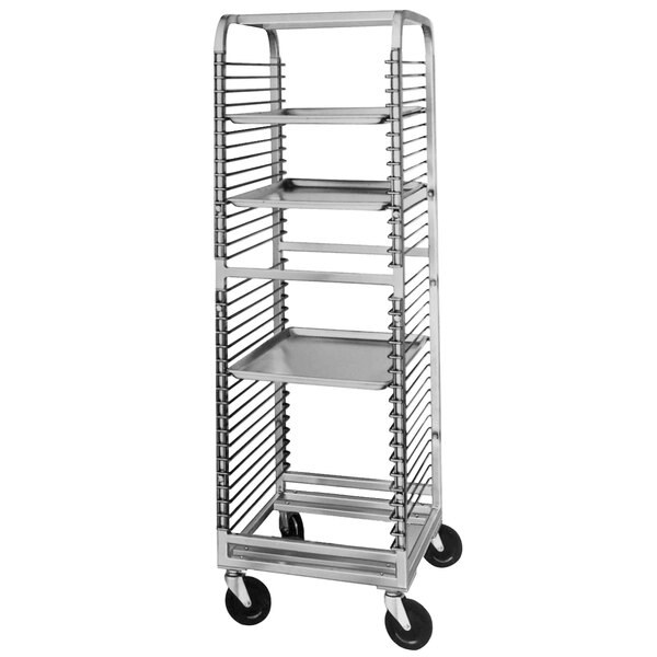 A Channel aluminum sheet pan rack with wire slides on wheels.