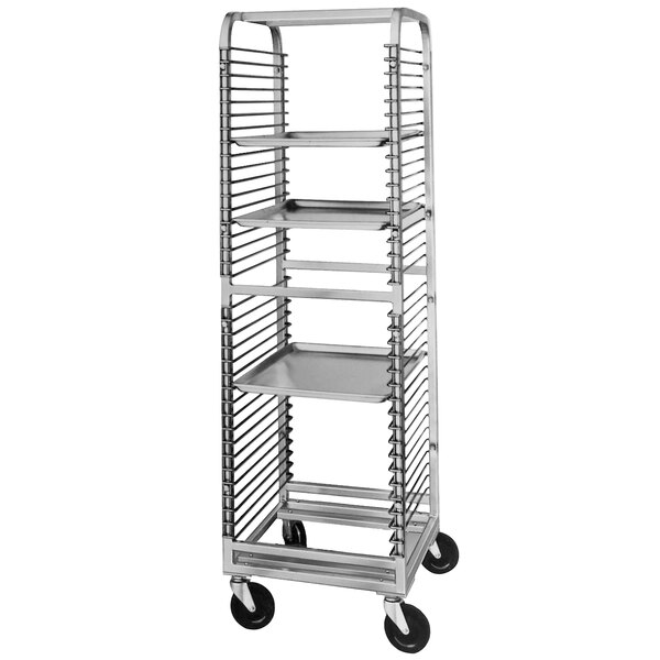 A Channel metal sheet pan rack with shelves on wheels.