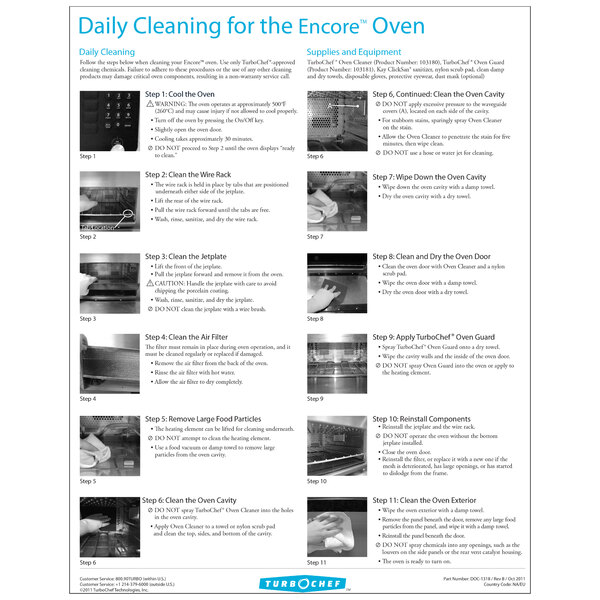 A black and white poster with cleaning instructions for a TurboChef Daily Encore oven.