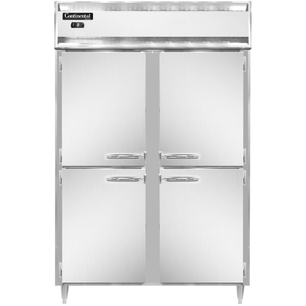 A white Continental reach-in freezer with two stainless steel half doors.