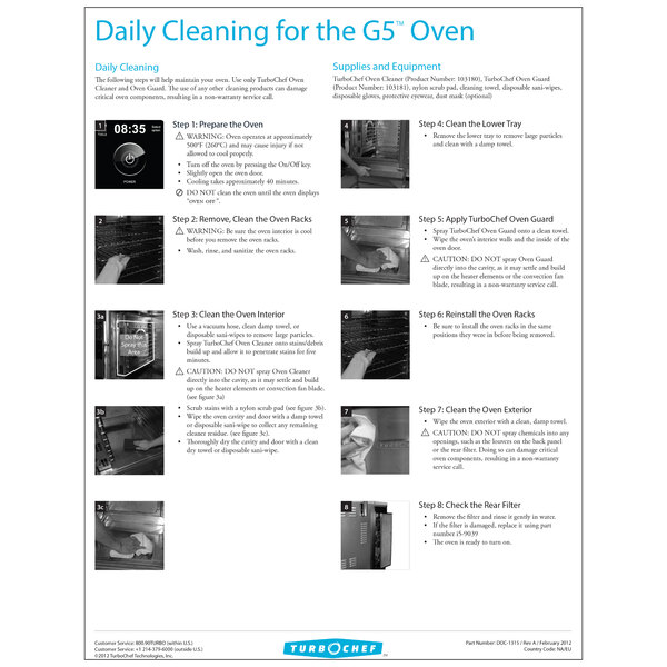 A black and white poster with instructions for daily cleaning of a TurboChef G5 oven on a counter.