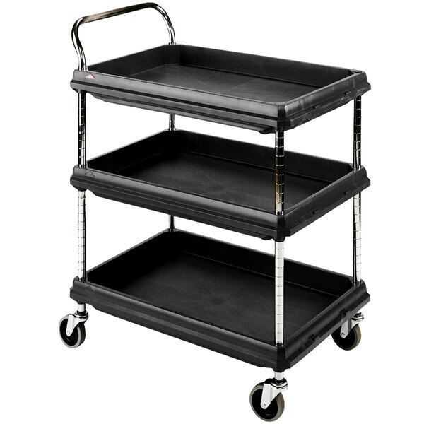 A black Metro three tier utility cart with deep ledge shelves and wheels.