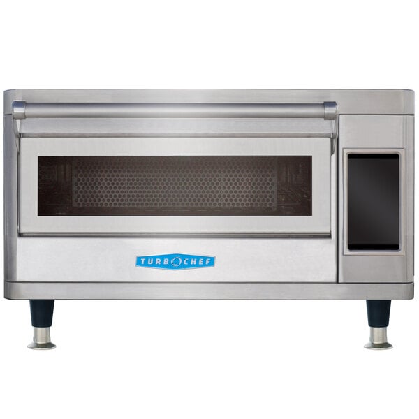 A silver and black TurboChef Single Batch electric countertop oven with a glass door.