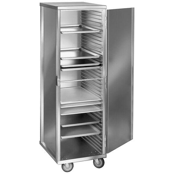 A Channel non-insulated aluminum sheet pan rack with shelves inside a metal cabinet.
