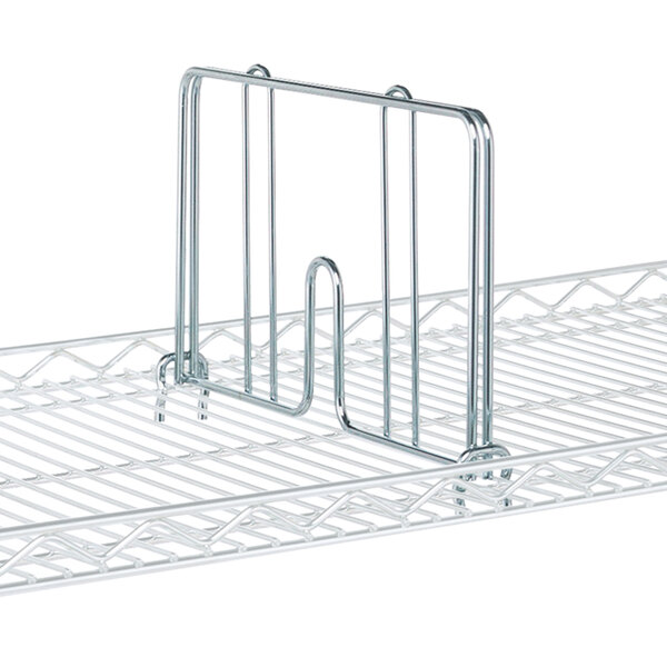 A chrome drop mat snap-on divider for a Metro rack shelf.