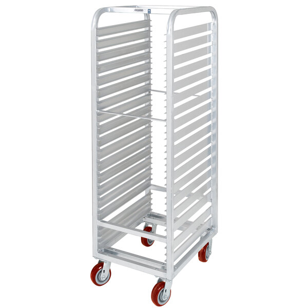 A white metal Channel sheet pan rack with red wheels.