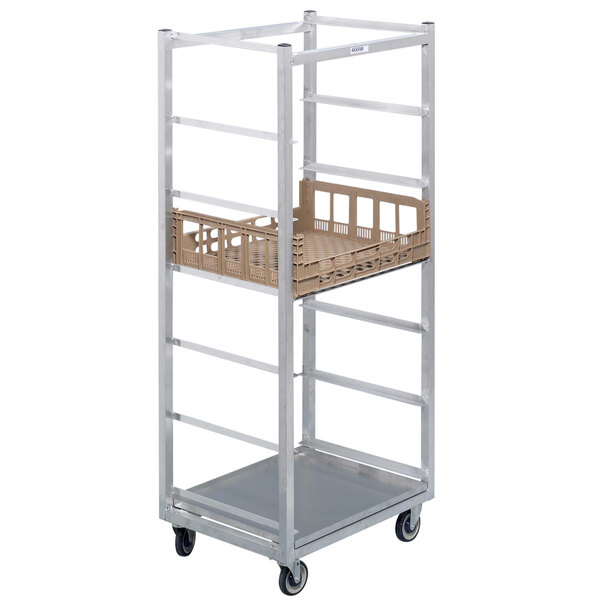 A white metal Channel produce crisper rack with brown aluminum boxes on it.