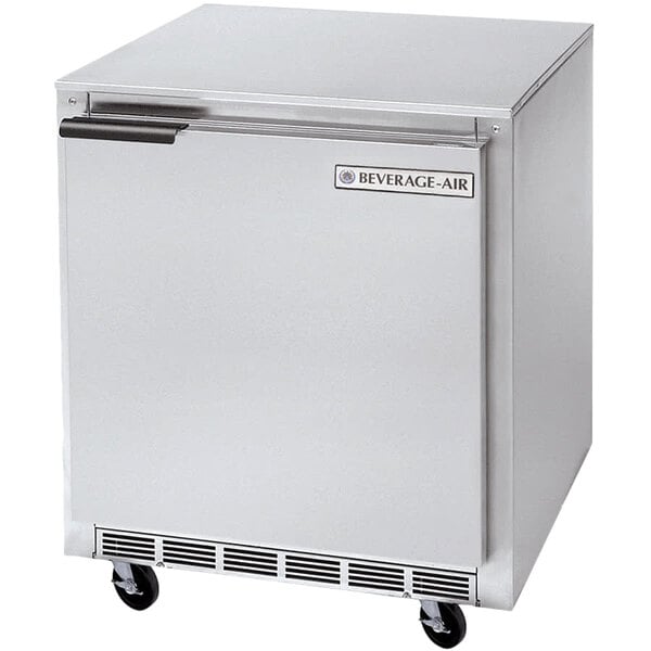 A silver Beverage-Air undercounter refrigerator with a black handle.