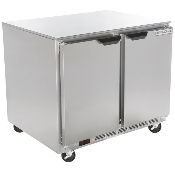 A silver Beverage-Air undercounter refrigerator on wheels.