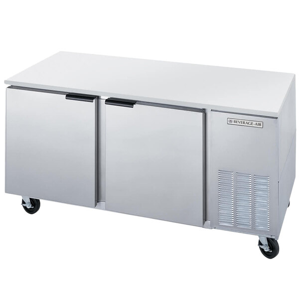 A white Beverage-Air undercounter refrigerator with two doors and a stainless steel top.