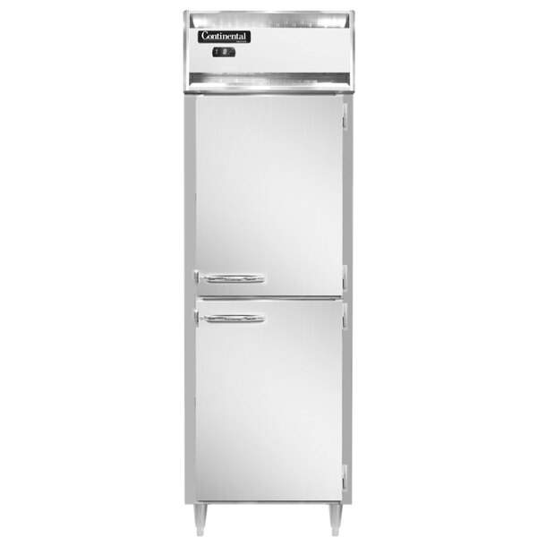 A white rectangular stainless steel Continental reach-in freezer with two narrow solid half doors.