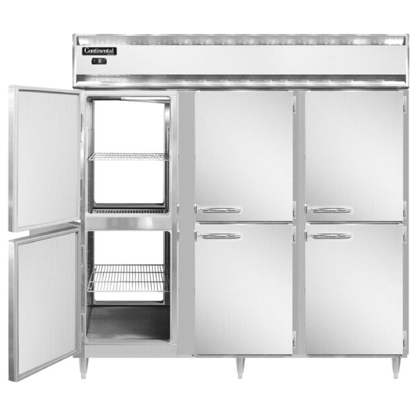 A white Continental pass-through freezer with stainless steel half doors and silver handles.